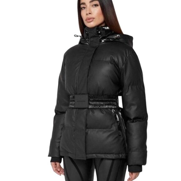 Maniere De Voir Matte & High Shine Belted Puffer Jacket Size 6 Black Mid Length - Picture 1 of 14